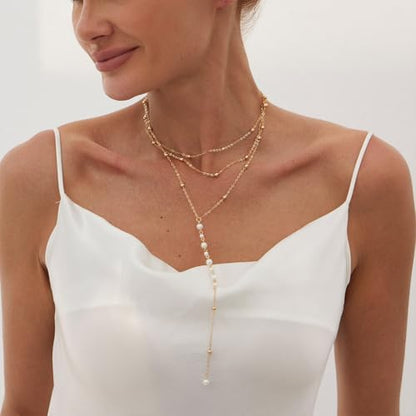 Trendy Gold Layered Small Beaded Pearl Long Tassel Lariat Y Necklaces for Women, Dainty Beads Pearls Drop Necklace Statement Charm Party Jewelry Gift - color: Gold
