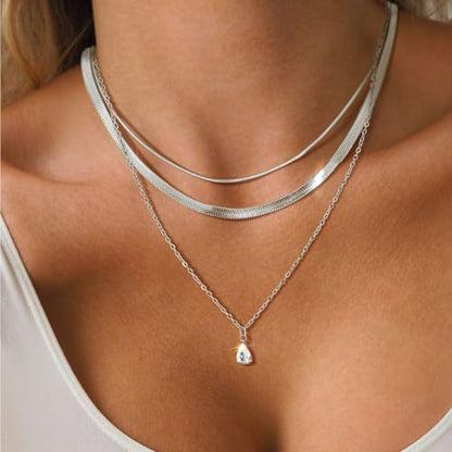 Layered Necklaces for Women,14k Gold Plated Dainty Necklace Stack Set Non Tarnish Adjustable Silver Stainless Steel CZ Heart Circle Pendant Paperclip Choker Herringbone Snake Chain Jewelry - style: CZ Layered Necklace-Silver