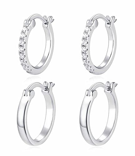 14K Gold Plated Hoop Earrings for Women with 925 Sterling Silver Post, Lightweight Small Hoop Earrings 15mm/20mm Huggie Hoop Earrings - color: CZ 2 Pcs - 925 Sterling Silver, size: 20MM