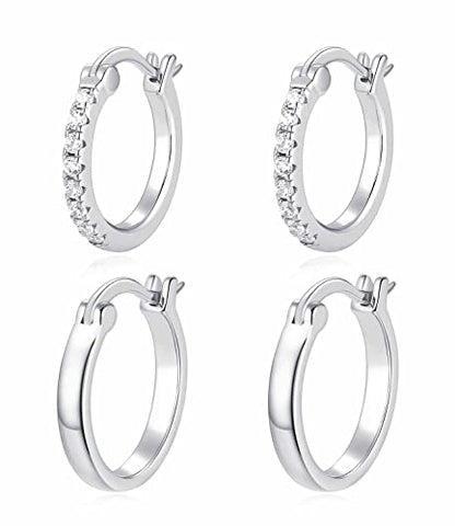 14K Gold Plated Hoop Earrings for Women with 925 Sterling Silver Post, Lightweight Small Hoop Earrings 15mm/20mm Huggie Hoop Earrings - color: CZ 2 Pcs - 925 Sterling Silver, size: 20MM