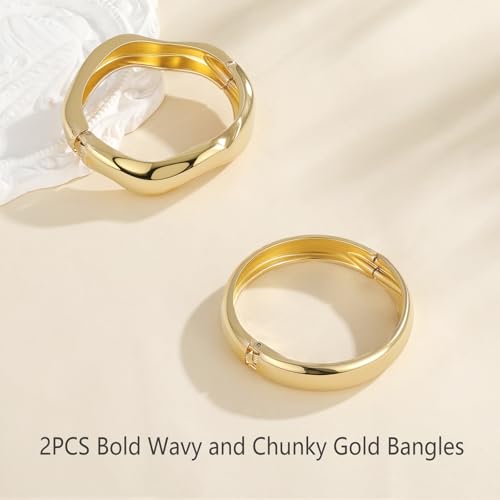 Emibele Gold Bangles for Women, 2PCS Irregular Chunky Gold Bracelet Hinged Open Bangle Bracelets for Women, Fashion Wide Arm Cuff Minimalist Chunky Jewelry Gifts for Valentine Christmas Birthday - style: G Gold