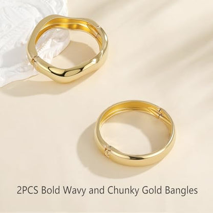 Emibele Gold Bangles for Women, 2PCS Irregular Chunky Gold Bracelet Hinged Open Bangle Bracelets for Women, Fashion Wide Arm Cuff Minimalist Chunky Jewelry Gifts for Valentine Christmas Birthday - style: G Gold