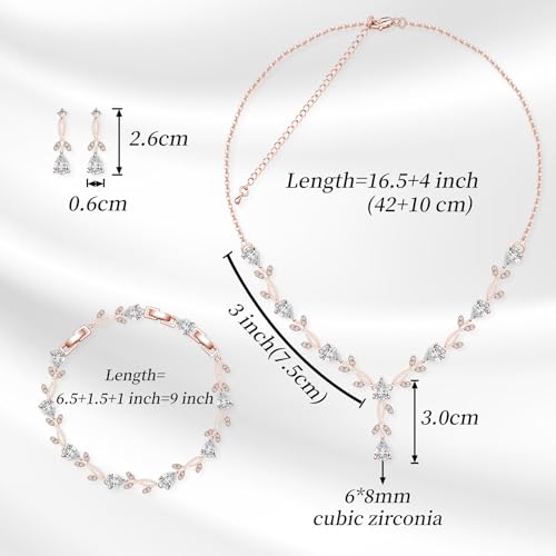 Jewelry Set for Women Bride Bridesmaid Wedding Party Prom Necklace Earrings Bracelet Set Gift for Mother Wife Friend - color: Rose Gold-White