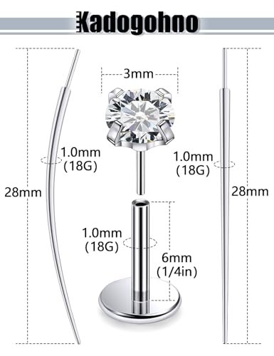 F136 Titanium 20/18/16g Internally Threaded Medusa Monroe Lip Ashley Labret Nose Rings Flat Back Tragus Helix Cartilage Conch Screw Stud Earrings Surgical Steel Piercing Jewelry for Women - color: White CZ, size: 18g*1/4in