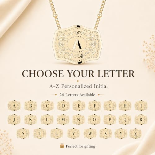 14K Gold-Plated Initial Necklace for Women, Western Belt Buckle Letter Pendant, Alphabet Necklace Includes 2 Chains, Cowgirl Jewelry Gift - color: A