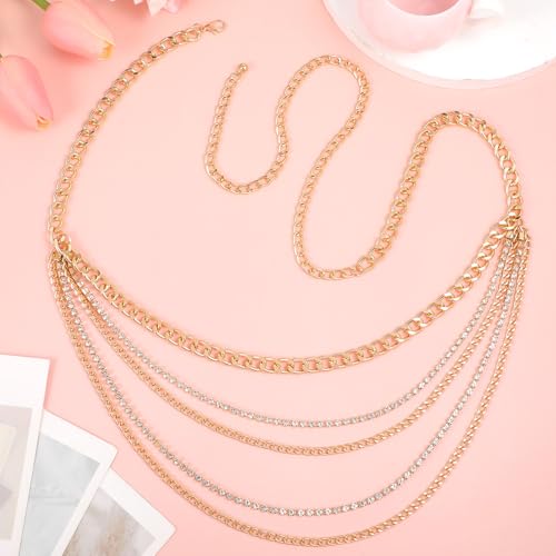 Molain Gold Waist Chain Belt for Women, Multilayer Sparkly Rhinestones Body Belly Waist Chain Belts Elegant Jewelry Accessories Body Decorate for Dresses Jeans Skirts Trouser