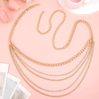 Molain Gold Waist Chain Belt for Women, Multilayer Sparkly Rhinestones Body Belly Waist Chain Belts Elegant Jewelry Accessories Body Decorate for Dresses Jeans Skirts Trouser
