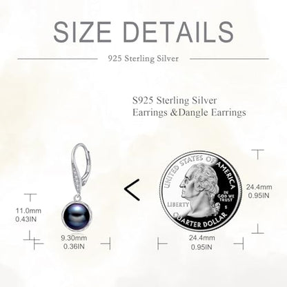 925 Sterling Silver 8mm Pearl Dangle Drop Earrings Moonstone Larimar Opal Rose Quartz Black Pearl Leverback Earrings for Women Christmas Gifts for Her - style: Black Pearl Earrings