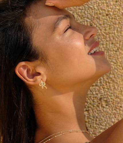 Cubic Zirconia Huggie Earrings 14k Gold Plated Tiny Earrings Small Huggie Hoop Earrings Simple Lightweight Hoops Gift for Women - color: Bow-Gold