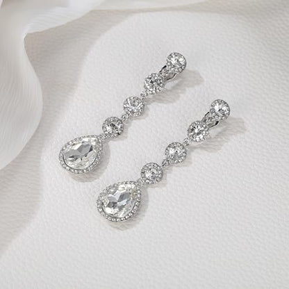 EleQueen Women's Wedding Crystal Teardrop Pear Shape 3 Inch Clip on Long Dangle Earrings for Bride Bridesmaid, Jewelry for Party Prom/Anniversary - color: White Silver-Tone