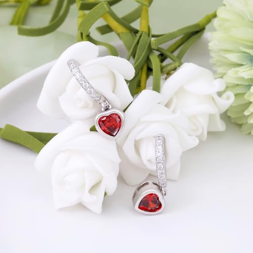 Heart Hoop Earrings with Dangle Sterling Silver Love Heart-Shaped Loop Earrings for Women Hypoallergenic Sparkle Birthstone Cubic Zirconia Hoop Earring with Dangling Charms Dainty Fashion Jewelry Gift - color: Red