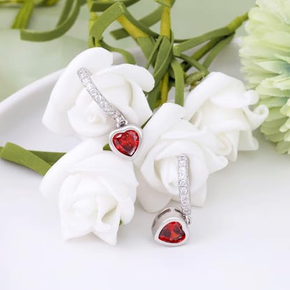 Heart Hoop Earrings with Dangle Sterling Silver Love Heart-Shaped Loop Earrings for Women Hypoallergenic Sparkle Birthstone Cubic Zirconia Hoop Earring with Dangling Charms Dainty Fashion Jewelry Gift - color: Red
