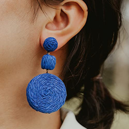 Statement Raffia Boho Round Dangle Ball Earrings - Cute Handmade Summer Bohemian Dangling Jewelry for Women - color: Royal Blue