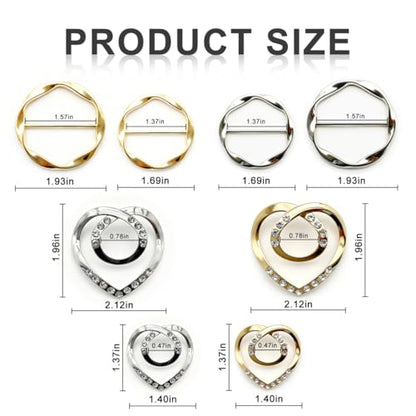 8PCS Scarf Rings and T-Shirt Tie Clips, 2-Size Metal Scarf Holder Set, Gold & Silver Waist Cinch & Shirt Side Tie Accessories for Women