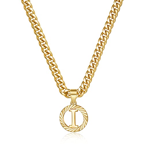 KissYan Initial Pendant Necklaces for Women Men | 14K Gold Filled/White Gold Plated, Hollow Round Letter Capital Monogram Charm with 5mm Cuban Chain, Alphabets from A-Z - color: Gold, style: I