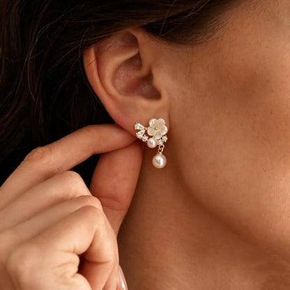 Pearl Earrings for Women Trendy, 14k Gold Plated Freshwater CZ Leaf Pearl Dangle Drop Gold Earrings Lightweight Hypoallergenic Stud Earring Bridesmaid Wedding Gold Jewelry for Women Gifts - style: small flower pearl earrings