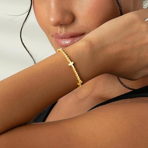 M MOOHAM Gold Beaded Charm Bracelets for Women Girls Non Tarnish | 14K Gold Plated, Dainty CZ Heart Smile Face Cross Charm Stretch Bead Bracelet for Women Teenage Teen Girls - color: Cross