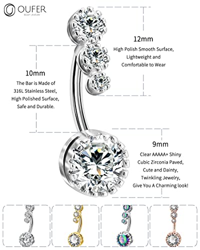OUFER 316L Surgical Steel Belly Button Rings, Clear CZ Navel Rings, Belly Piercing Jewelry - color: Silver Bar, Clear CZ