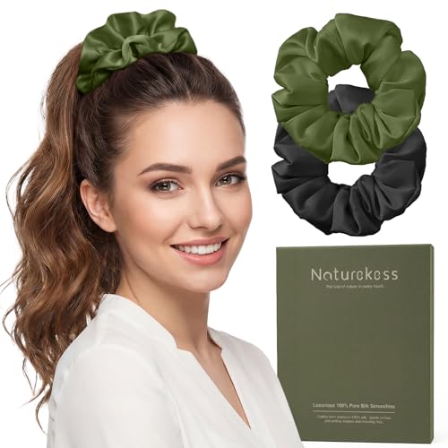 2PCS 100% Mulberry Silk Hair Ties, Silk Hair Scrunchies for Women, No Damage for Curly Hair (Black, Olive Green, L) - color: Color 06