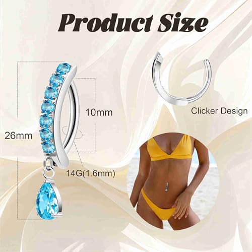 14G G23 Titanium Clicker Belly Button Ring for Women - Teardrop CZ Dangle Curved Reverse Barbell Navel Piercing - Hypoallergenic Jewelry - color: Blue