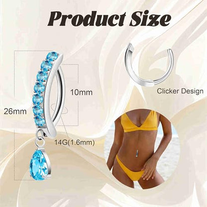 14G G23 Titanium Clicker Belly Button Ring for Women - Teardrop CZ Dangle Curved Reverse Barbell Navel Piercing - Hypoallergenic Jewelry - color: Blue