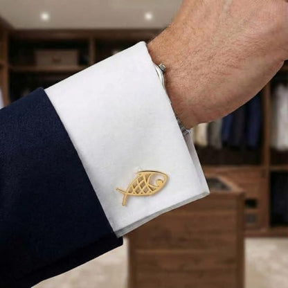 Men’s Abstract Fish Cufflinks – Stainless Steel Nautical-Themed Cuff Links with Gift Box & Polishing Cloth – Available in Silver & Gold - color: golden
