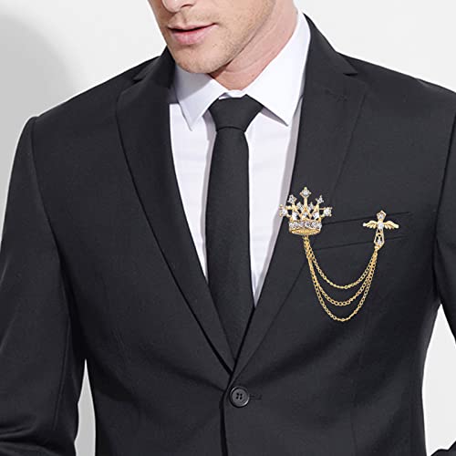 Collar Chain Pin for Men and Women - Hanging Tassel Brooch Lapel Pin for Business Suits - Bar Pin With Long Chain - Gifts - color: H: crown gold