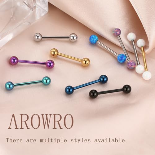 AROWRO Nipple Piercing Jewelry G23 Titanium Nipple Rings Tongue Rings Nipple Bar 14G Internally Threaded Straight Barbells Bridge Piercing Jewelry 12mm-20mm - color: Silver+White Opal