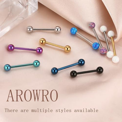 AROWRO Nipple Piercing Jewelry G23 Titanium Nipple Rings Tongue Rings Nipple Bar 14G Internally Threaded Straight Barbells Bridge Piercing Jewelry 12mm-20mm - color: Silver+White Opal