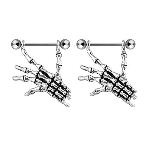 Pierced Owl 14GA 316L Stainless Steel Skeleton Hand Dangling Nipple Shields, Sold as a Pair