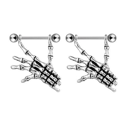 Pierced Owl 14GA 316L Stainless Steel Skeleton Hand Dangling Nipple Shields, Sold as a Pair