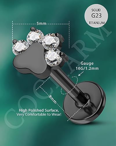 G23 Titanium Cartilage Earring Stud for Helix 16g Flat Back Dog Paw Cartilage Piercing Jewelry Front Top Screw Helix Tragus Earrings - color: Black Paw