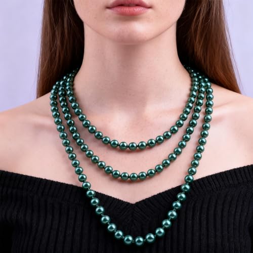 Pearl Necklaces for Women 60'' 70" Long Pearl Necklace 15.75'' Pearl Choker Necklace Chunky Bead Layered Faux Pearl Dangle Wedding Bridal 1920s Gatsby Christmas Costume Jewelry Gifts - color: Deep Green-60''