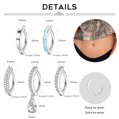 FIASASO 5Pcs Belly Button Ring for Women 14G Short Navel Rings Silver Clicker Belly Piercing Pack Simple Dangle Cute CZ Belly Small Hypoallergenic Belly Button Ring Reverse Piercings Jewelry - color: SILVER