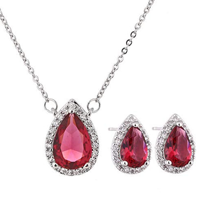 Women's Wedding Jewelry Set for Bride Teardrop CZ Necklace Earrings Set | Sterling Silver Pear Shape Necklace and Studs Crystal Rhinestone Costume Jewelry for Party Prom Bridesmaids - color: Ruby