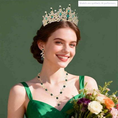 Kamirola Tiaras and Crowns for Women,Tiaras Earrings Necklace, Crystal Bridal Jewelry Set (TR48) - color: Gold Green