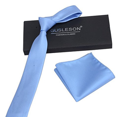 GUSLESON 2.4" Slim Necktie and Handkerchief Set For Men Solid Skinny Tie Set - color: Blue
