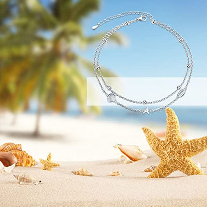 Flyow Anklet for Women S925 Sterling Silver Adjustable Foot Beaded Heart Charm Ankle Bracelet Anklets Jewelry - style: Conch Starfish Shell