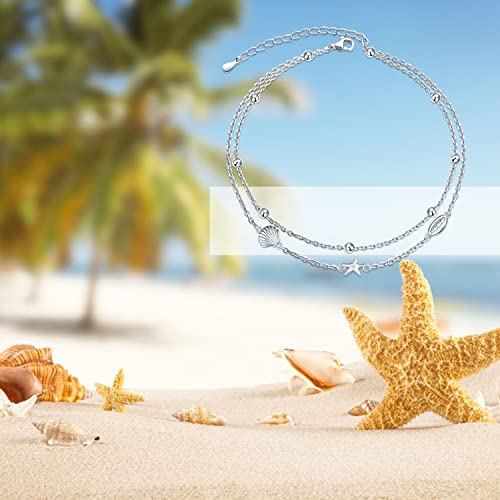 Flyow Anklet for Women S925 Sterling Silver Adjustable Foot Beaded Heart Charm Ankle Bracelet Anklets Jewelry - style: Conch Starfish Shell
