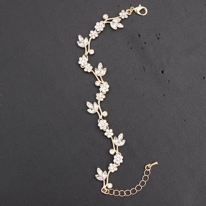 Brides Bridesmaid Flower Leaf Choker Necklace Dangle Earrings Link Bracelet Austrian Crystal Wedding Jewelry Set for Prom Costume Party Accessories for Woman - color: Crystal-Gold Plated