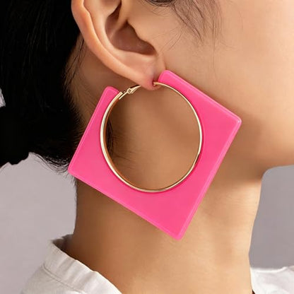 Colorful Large Hoop Earrings for Women Big Square Hollow Hoops Dangle Earrings Trendy Chunky Geometric Square Earring 80s 90s Neon Hoop Dangle Earrings - color: rose red