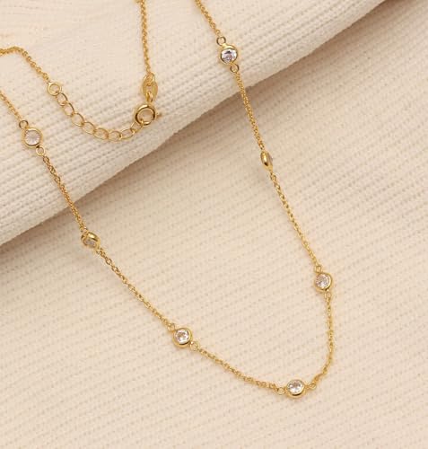 LeCalla 925 Sterling Silver CZ Station Necklace for Women | Italian Round Cubic Zirconia Station Chain Necklace (16, 18, 20, 24 Inches) - color: 14kt Gold Plated Silver, size: Length 18" + 1" Ext. (Women's Average Length)