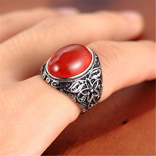 Retro Unisex Stainless Steel Oval Gemstone Hollow Flower Carved Signet Ring - color: Silver-Red