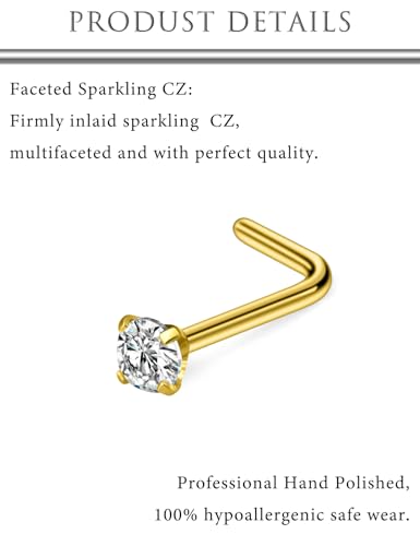 Hoeudjo Hypoallergenic Nose Rings Studs 24G Surgical Stainless Steel Cubic Zirconia Nose Studs for Women Men Screw & Bone & L Shaped Nostril Piercing Jewelry with 1.5mm 2mm 2.5mm 3mm CZ - color: goldtone,L-shaped nose studs