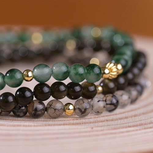 Natural Stone&925 Sterling Silver/18K Gold Anklet,│4MM│9-12 in│, Hand Woven, Adjustable Size - color: Black Dragon Pattern Agate Anklet，4MM