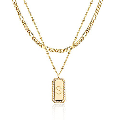 Gold Initial Necklace for Women 14K Gold Plated Figaro Chain Choker Layered Necklaces Set Bar Rectangle Pendant Necklaces Simple Dainty Letter Necklace Everyday Gold Jewelry - style: Letter S