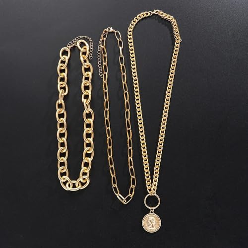 Layered Necklace Set Women - Cuban Paperclip Coin Pendant Silver | 3 pcs chunky stackable set, Trendy toggle clasp, Mixed link texture, Coin charm detail, Perfect layered jewelry gift - color: Gold