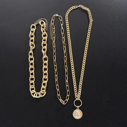 Layered Necklace Set Women - Cuban Paperclip Coin Pendant Silver | 3 pcs chunky stackable set, Trendy toggle clasp, Mixed link texture, Coin charm detail, Perfect layered jewelry gift - color: Gold