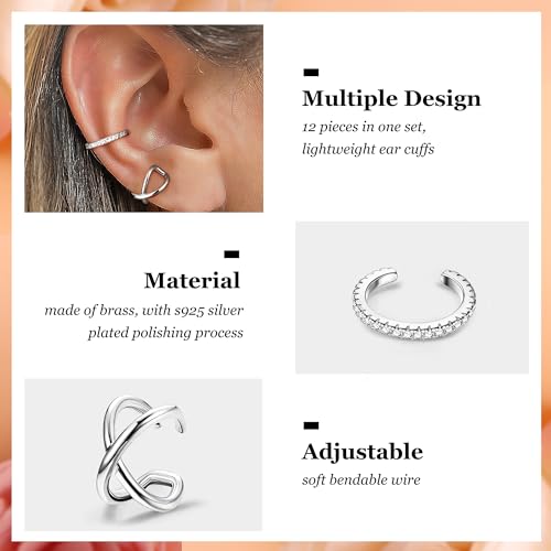 9Pcs Ear Cuff 14K Gold Plated Cuff Earrings Gold Ear Cuffs Non Pierced | Fake Conch Cartilage Earrings Ear-Clips Minimalist Non Piercing Delicate Clip-on Ear Cuffs Stackable Set - style: B-12pcs-Silver