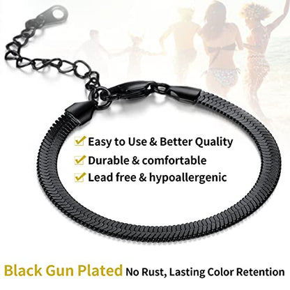 ChainsHouse Stainless Steel Herringbone Flat Chain Bracelets for Women,18K Gold/Rose Gold/Black Metal Paperclip/Snake/Cuban/Figaro Sterling Silver Link Charm Bracelet, 16+5cm Adjustable, With Gift Box - color: g. herringbone-black-6mm